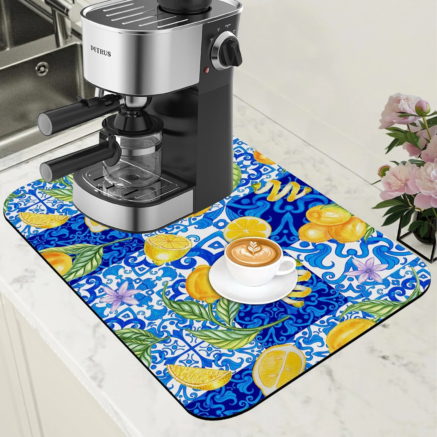 Prestigious Lemon and Blue Tile Dish Drying Mat for Kitchen Counter Coffee Bar Mat Hide Stain Absorbent Rubber Backed Drying Rack Pad Espresso Machine Coffee Bar Accessories 11.8 x 19.7 Inch Consistent