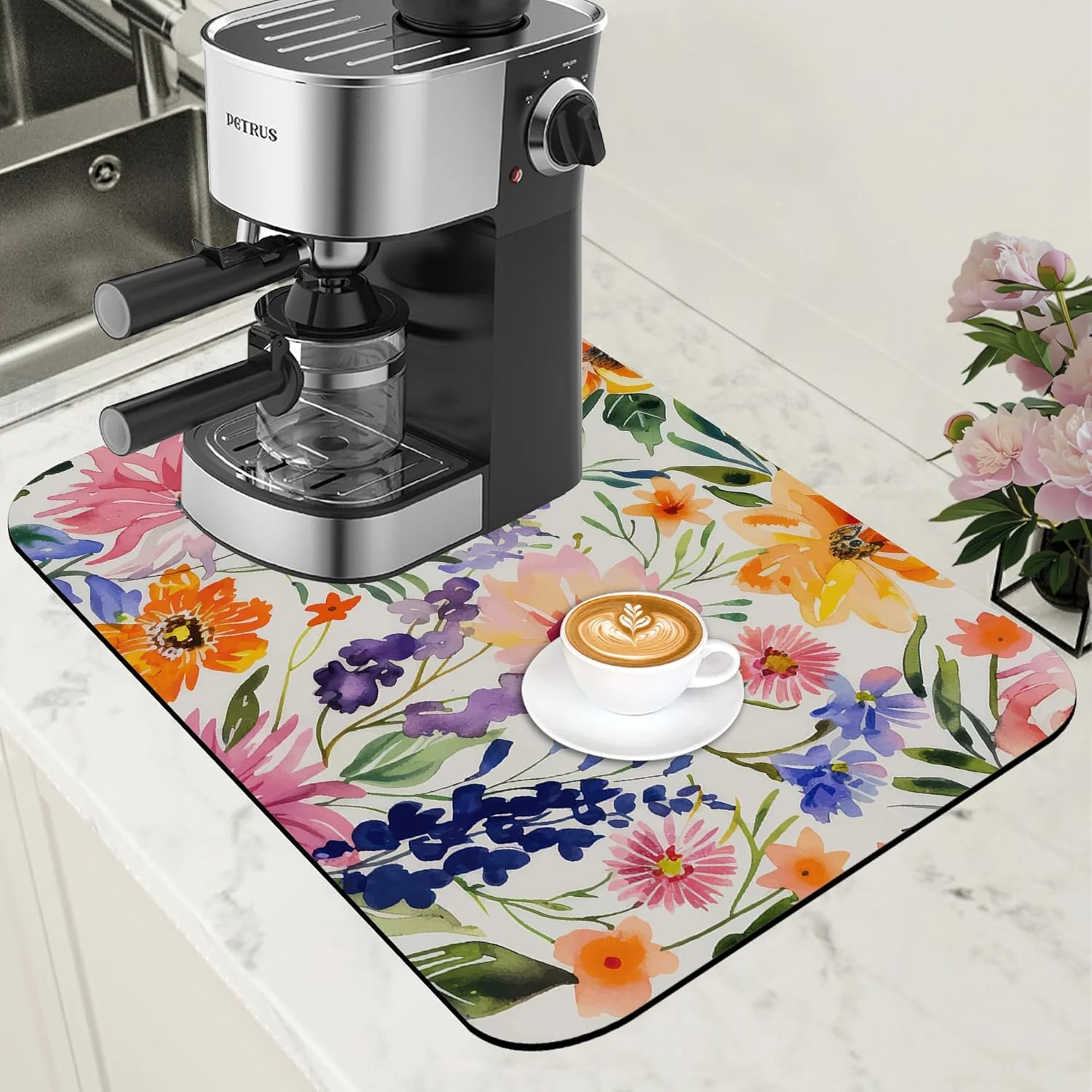 Expertly Made Dish Drying Mat Colorful Wildflowers Coffee Bar Mat for Countertop Absorbent Rubber Backed Hide Stain Dish Drainer Rack Pad Espresso Machine Cafe Table Dining Room Decoration 11.8 x 19.7 Inch Clean