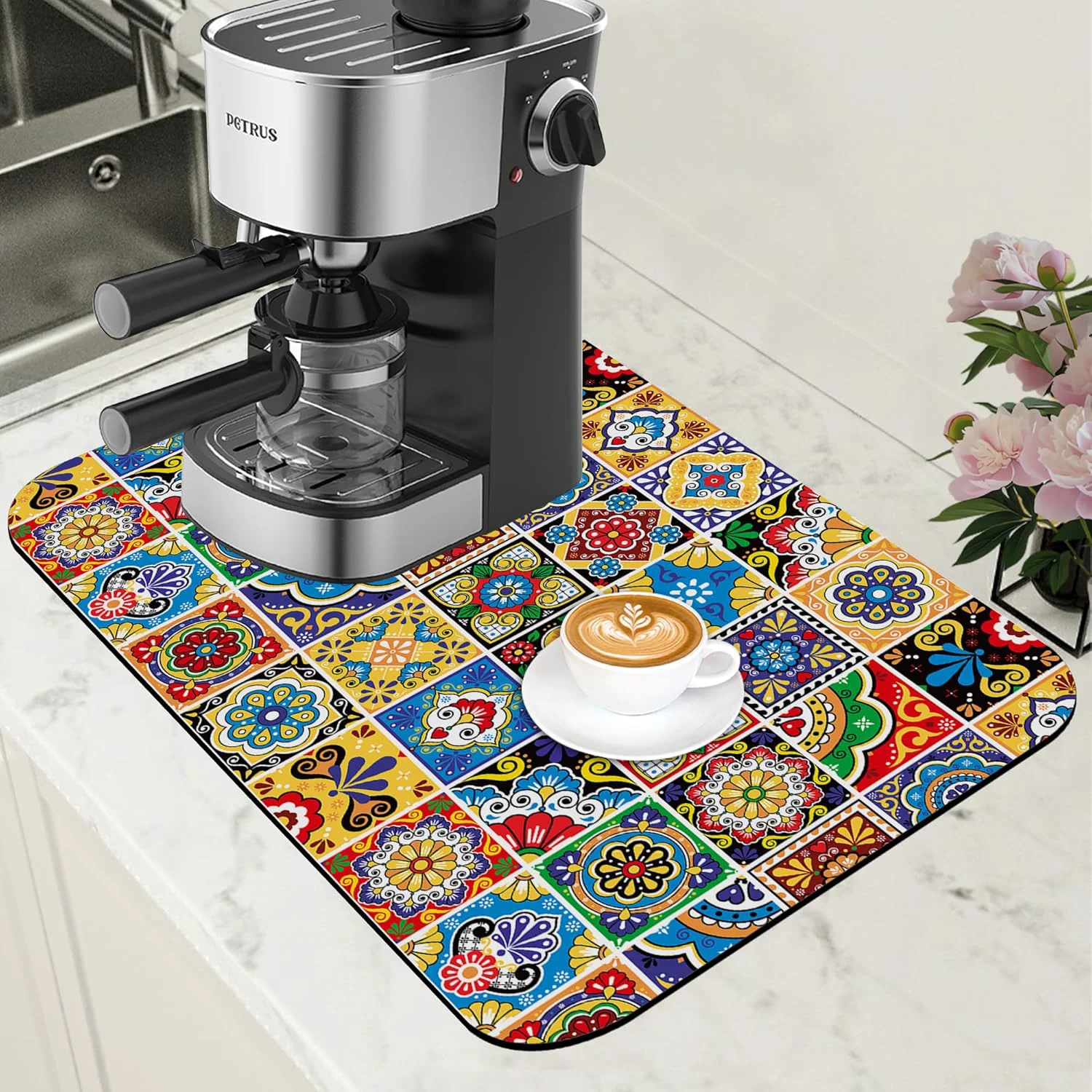 Excellent Talavera Mexican Tiles Dish Drying Mat for Kitchen Counter Bar Mat Hide Stain Absorbent Rubber Backed Coffee Mat Maker Espresso Machine Bar Accessories 11.8 x 19.7 Inch Exceptional