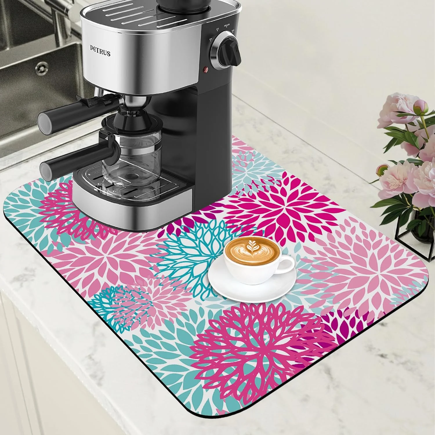 Traditional Pink Blue Chrysanthemum Flowers Dish Drying Mat for Kitchen Counter Coffee Bar Mat Hide Stain Absorbent Rubber Backed Drying Rack Pad Espresso Machine Coffee Bar Accessories 11.8 x 19.7 Inch Responsible