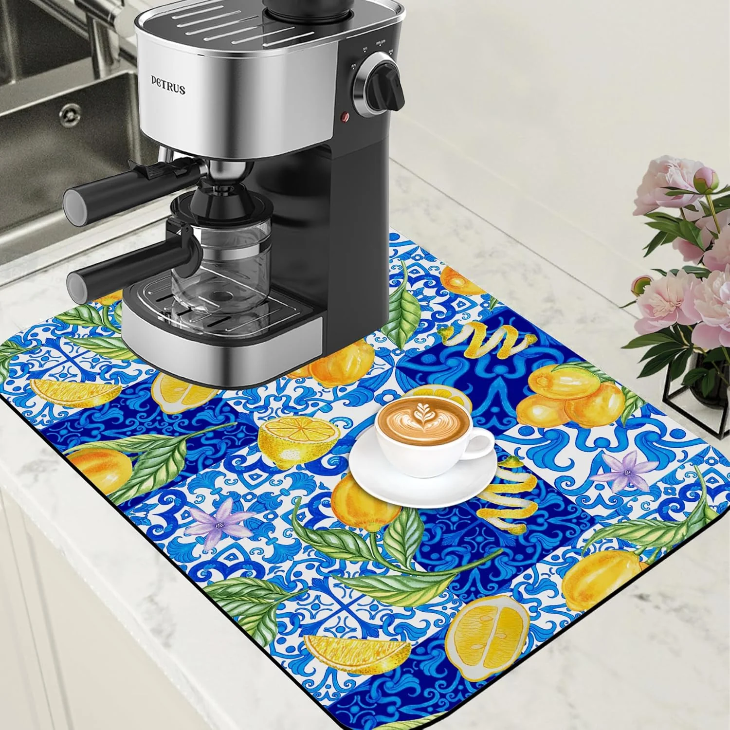Sustainable Lemon and Blue Tile Dish Drying Mat for Kitchen Counter Coffee Mat Hide Stain Absorbent Rubber Backed Dish Drainer Rack Pad Espresso Machine Coffee Bar Accessories 15.7 x 23.6 Inch Luxury