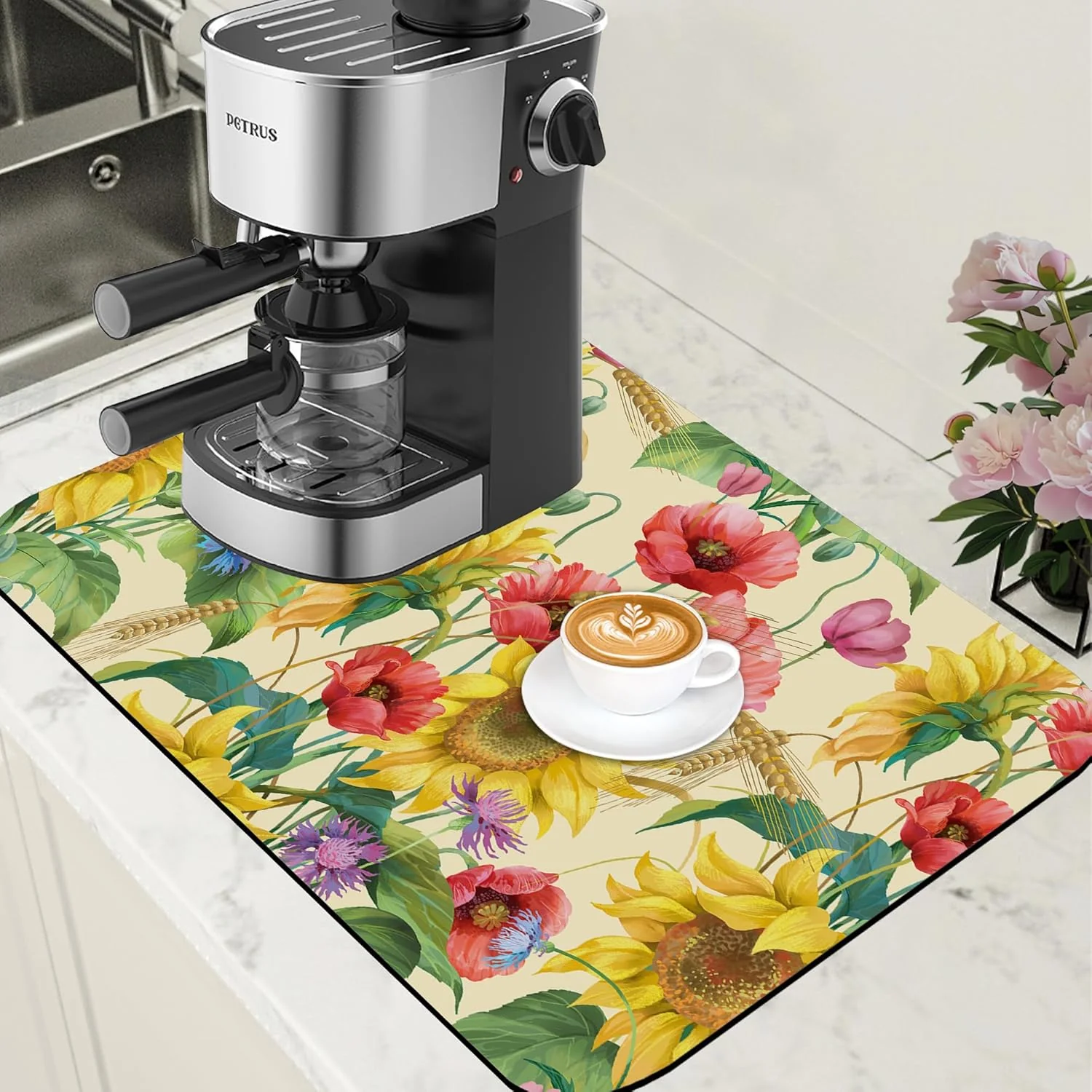 Proven Yellow Sunflower Cornflower Coffee Mat Absorbent Dish Drying Mat for Kitchen Counter Hide Stain Rubber Backed Coffee Bar Accessories Fit Under Espresso Machine 15.7 x 23.6 Inch Practical