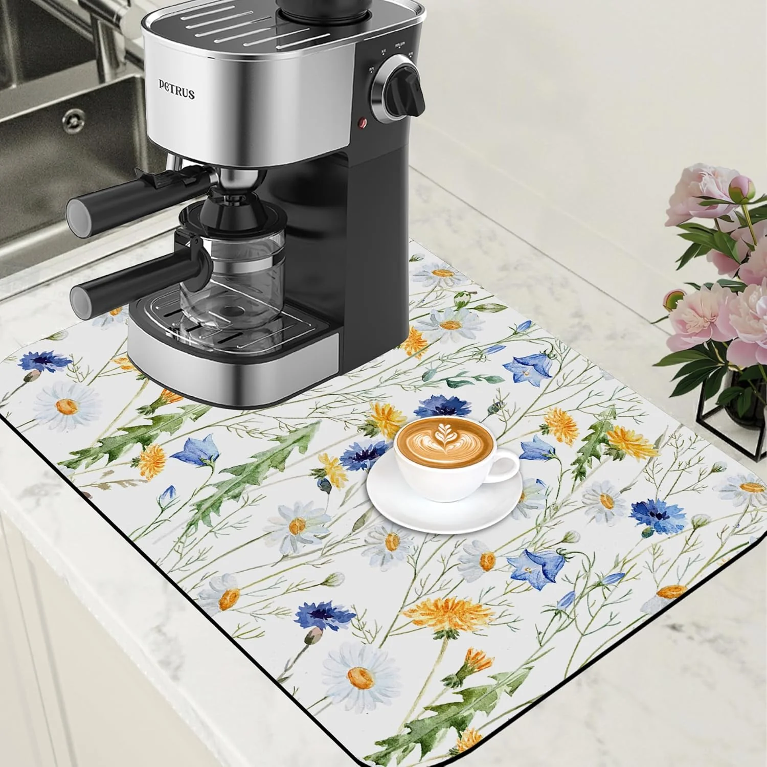 Solid Watercolor Wildflower Dish Drying Mat for Kitchen Counter Coffee Mat Hide Stain Absorbent Rubber Backed Drying Rack Pad Espresso Machine Coffee Bar Accessories 15.7 x 23.6 Inch Certified