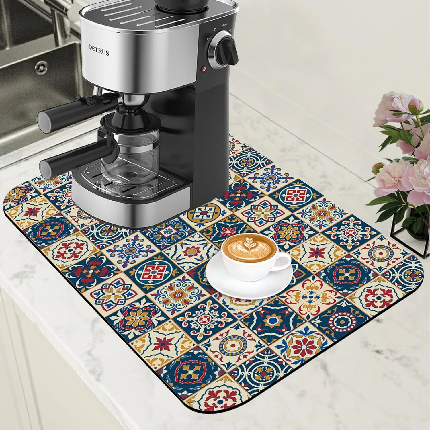Genuine Dish Drying Mat Moroccan Tile Coffee Bar Mat for Countertop Absorbent Rubber Backed Hide Stain Dish Drainer Rack Pad Coffee Maker Espresso Machine Dining Room Decoration 11.8 x 19.7 Inch Modern