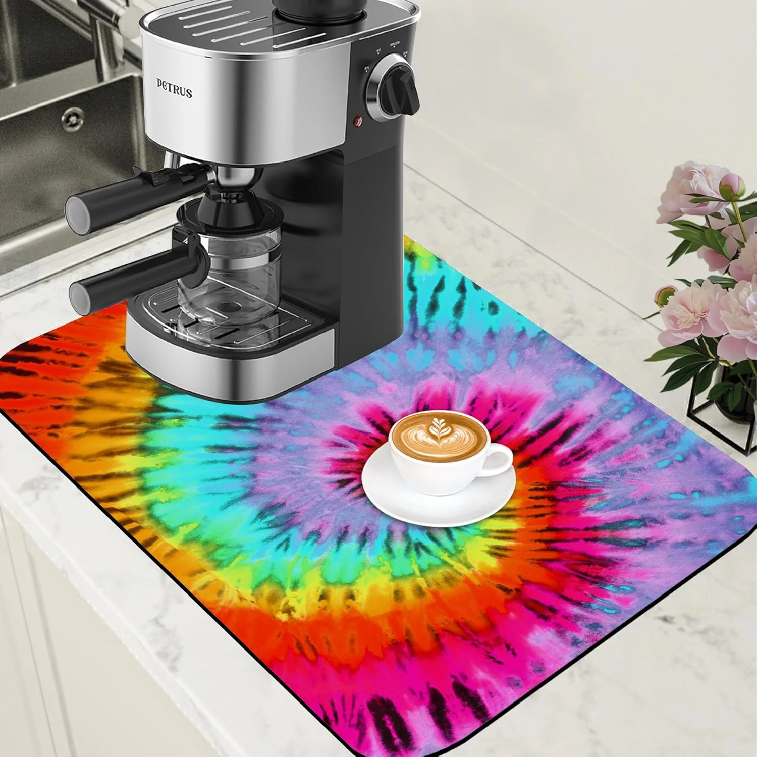 Smooth Dish Drying Mat Colorful Tie Dye Coffee Bar Mat for Countertop Absorbent Rubber Backed Hide Stain Dish Drainer Rack Pad Coffee Pot Espresso Machine Dining Room Decoration 15.7 x 23.6 Inch Genuine