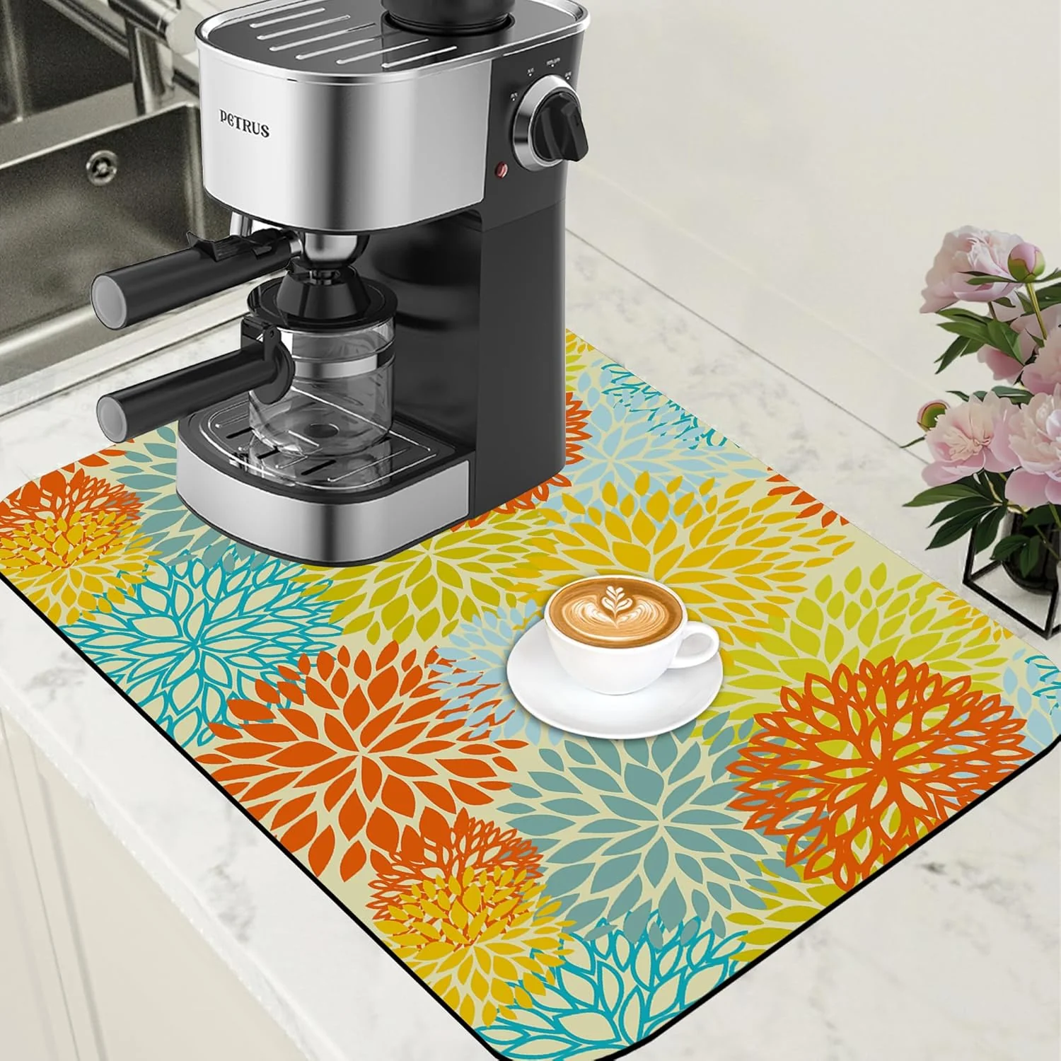 Premium Material Orange and Blue Chrysanthemum Flower Coffee Mat Absorbent Dish Drying Mat Hide Stain Rubber Backed Coffee Bar Accessories Fit Under Espresso Machine Cafe Table 15.7 x 23.6 Inch Trendy