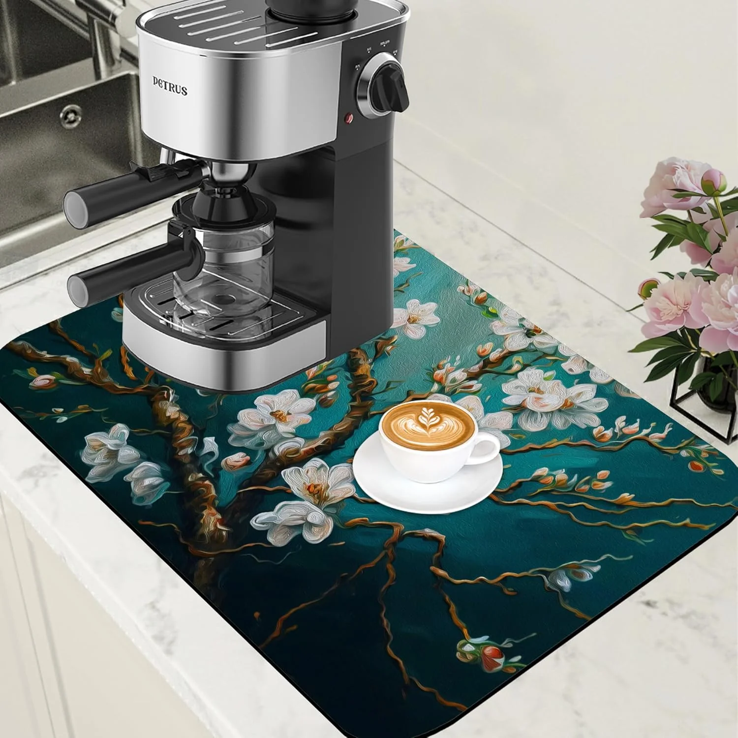 Original Design Blossoming Almond Tree Dish Drying Mat for Kitchen Counter Bar Mat Hide Stain Absorbent Rubber Backed Coffee Mat Coffee Maker Espresso Machine Bar Accessories 15.7 x 23.6 Inch Authentic