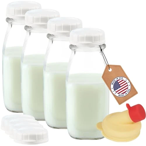Unique 12 Oz Square Glass Milk Bottles with Lids 4 Count Exceptional