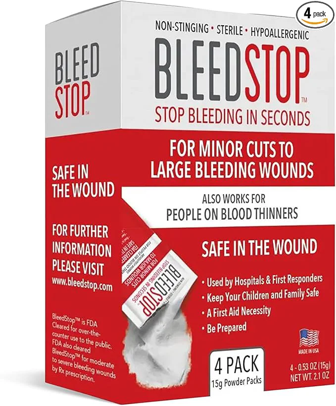 Elite BleedStop™ First Aid Powder for Blood Clotting Trauma Kit Blood Thinner Patients Camping Safety and Survival Equipment for Moderate to Severe Bleeding Wounds or Nosebleeds – 4 15g Pouches Smooth