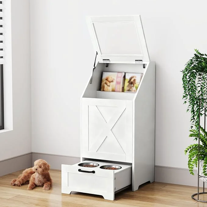 Detailed Dog Feeding Station Dog Food Storage Cabinet Pet Feeding Station with 2 d Bowls Hidden Pet Feeder Station with Hooks Flip Top Pet Storage Organizer for Water Feeding White About ThisOverview Crafted