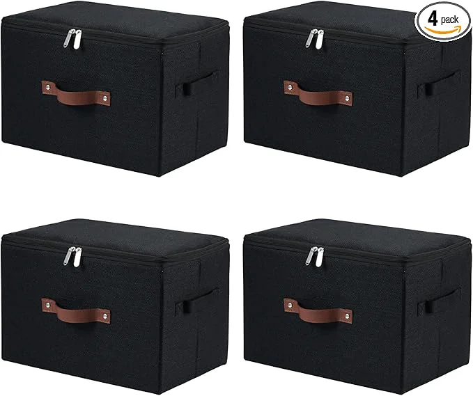 High-Performance 4 Pack Storage Bins with Zipper Lid Cotton Linen Fabric Lidded Storage Baskets Boxes Foldable Washable Closet Shelf Clothes Organizer Container with PU Leather Handles Black Large About ThisOverview Fashionable