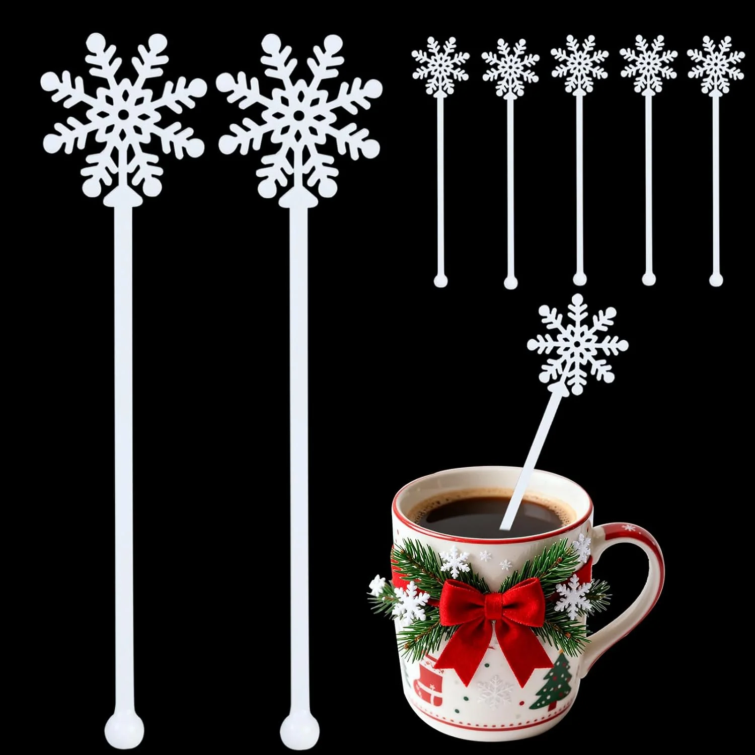 Stylish 60pcs Snowflake Drink Stirrers Christmas Plastic Swizzle Sticks Beverage Winter Stir Sticks Reusable Coffee Cocktail Stirrers Bar Supplies for Cocktail Xmas Party Decor Winter Holiday Cocoa Bar Optimized