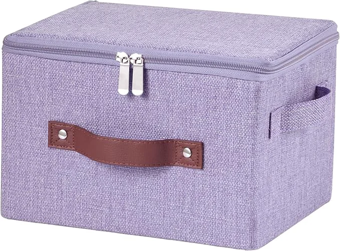 Trendy Storage Bins with Zipper Lid Cotton Linen Fabric Lidded Storage Baskets Boxes Foldable Washable Closet Shelf Clothes Organizer Container with PU Leather Handles Purple Small About ThisOverview Dependable