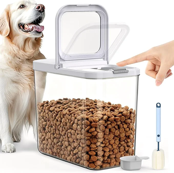 Soft 12 Lbs Airtight Dog Cat Food Storage Container and Dog Treat Containers BPA- PET Clear Stackable Pet Storage Bin 1-Cup Scoop 1-Sponge cleaning brush Pop Top With handle Easy MobilityAbout ThisOverview Unique