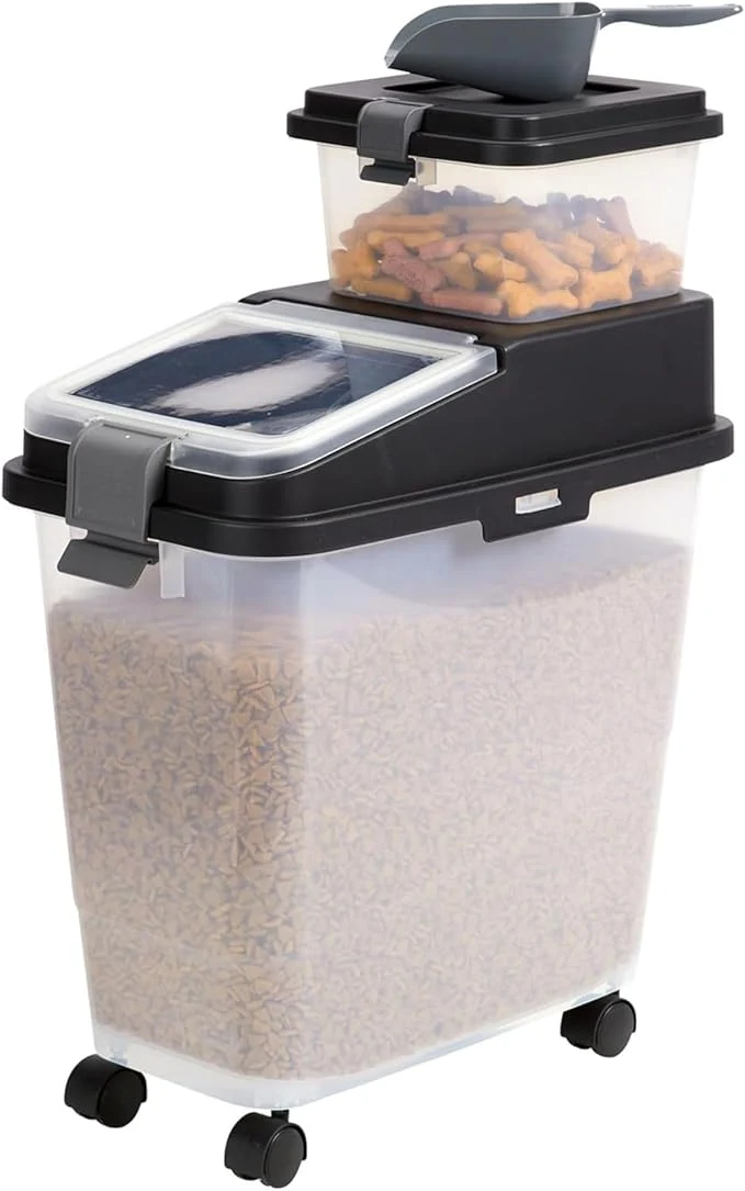 Specialty Mighty Tuff 3 Piece Airtight Dog Food Storage Container Up to 36 lbs with 5 lbs Dog Treat Container and Portion Scoop – BPA Airtight Pet Food Bin on WheelsAbout ThisOverview Natural