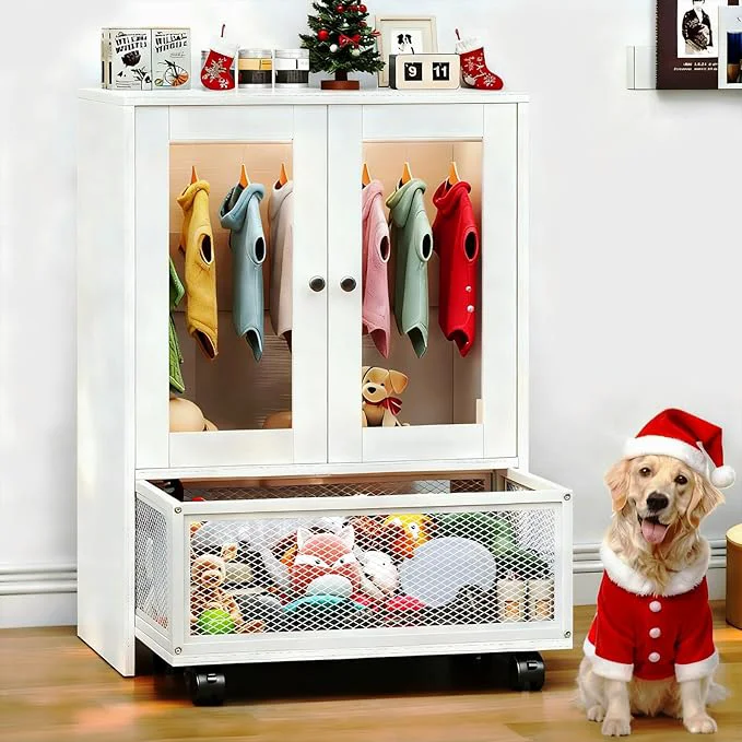 Dependable TC-HOMENY Pet Wardrobe Closet with Transparent Doors Wooden Dog Closet with Clothes Hanger Pet Storage Display Cabinet Dog Toy Drawer with Wheels Pet Organization and Storage for Pet AccessoriesAbout ThisOverview Excellent