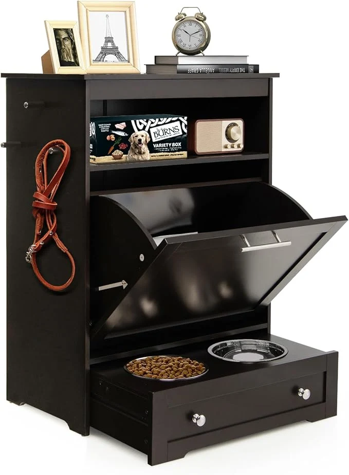 Authentic Dog Food Cabinet Feeding Station with 2 Raised Bowls Pull Out d Dog Bowl Storage 3 Hangers Pet Feeder Toy Leashes Organizer BrownAbout ThisOverview Fine Crafted
