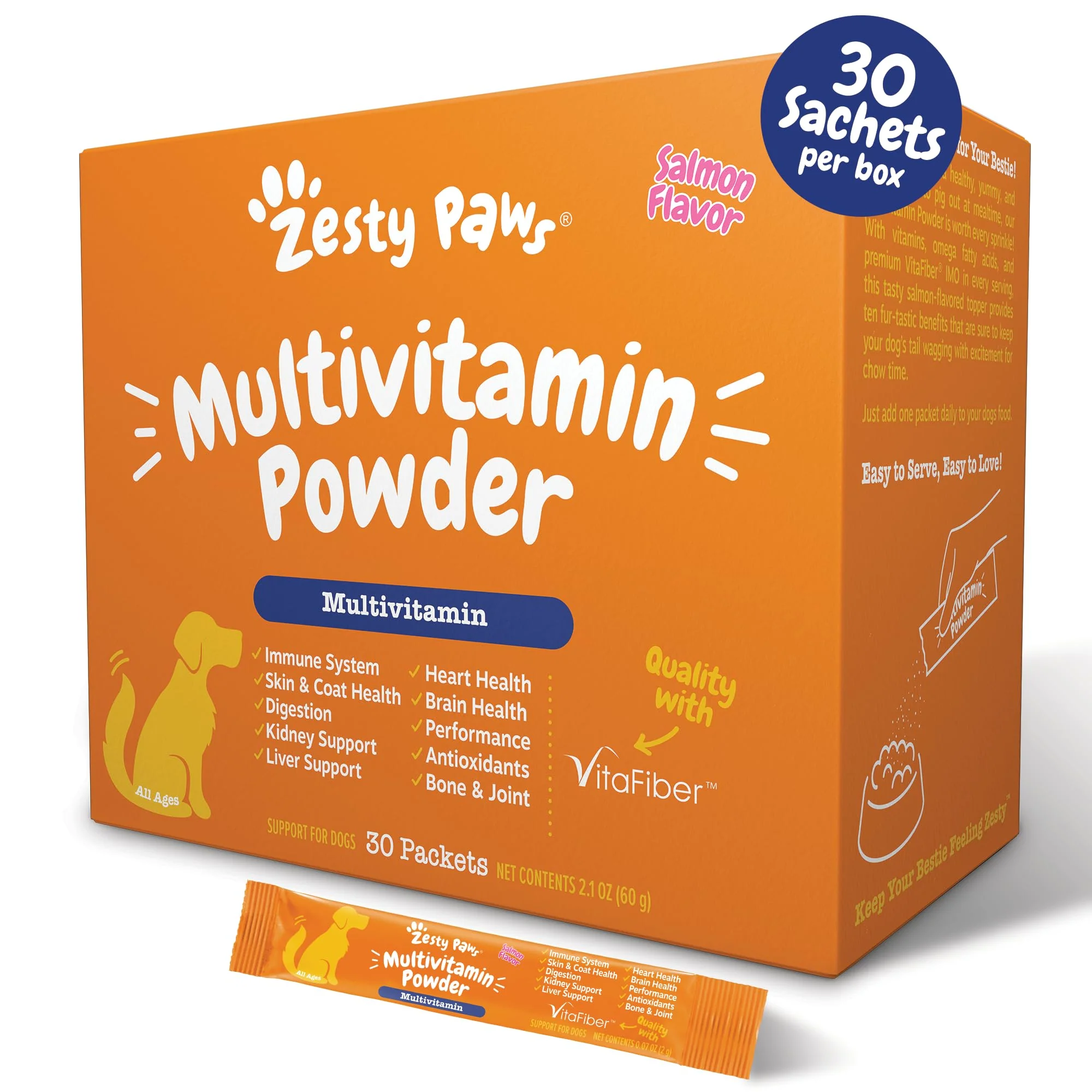 Dependable Zesty Paws 10-in-1 Dog Multivitamin Powder — Gut Immune Joint Coat Support Salmon 30 Ct Organic