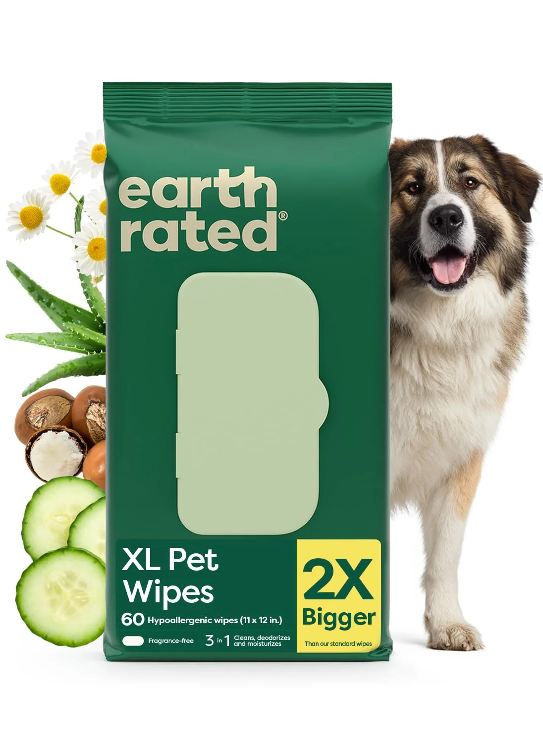 Classic Earth Rated XL Pet Wipes for Dogs Cats – Unscented 3-in-1 Cleaning 60 Count Traditional