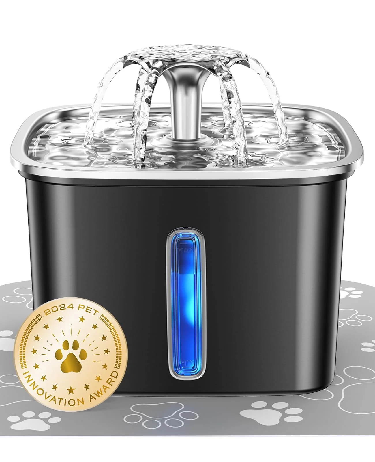 Trendy Veken Stainless Steel Cat Water Fountain – 95oz 2.8L 5-Stage Filtration LED Space Black Classic