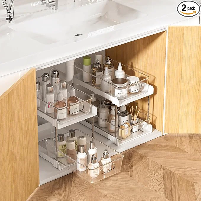 Specialty Vtopmart 2 Pack Bathroom Organizer 2 Tier White Under Sink Organizers Vanity Countertop Storage Container Cabinet Drawers Bins Pull-Out Organization with Track for Pantry KitchenAbout ThisOverview User-Friendly