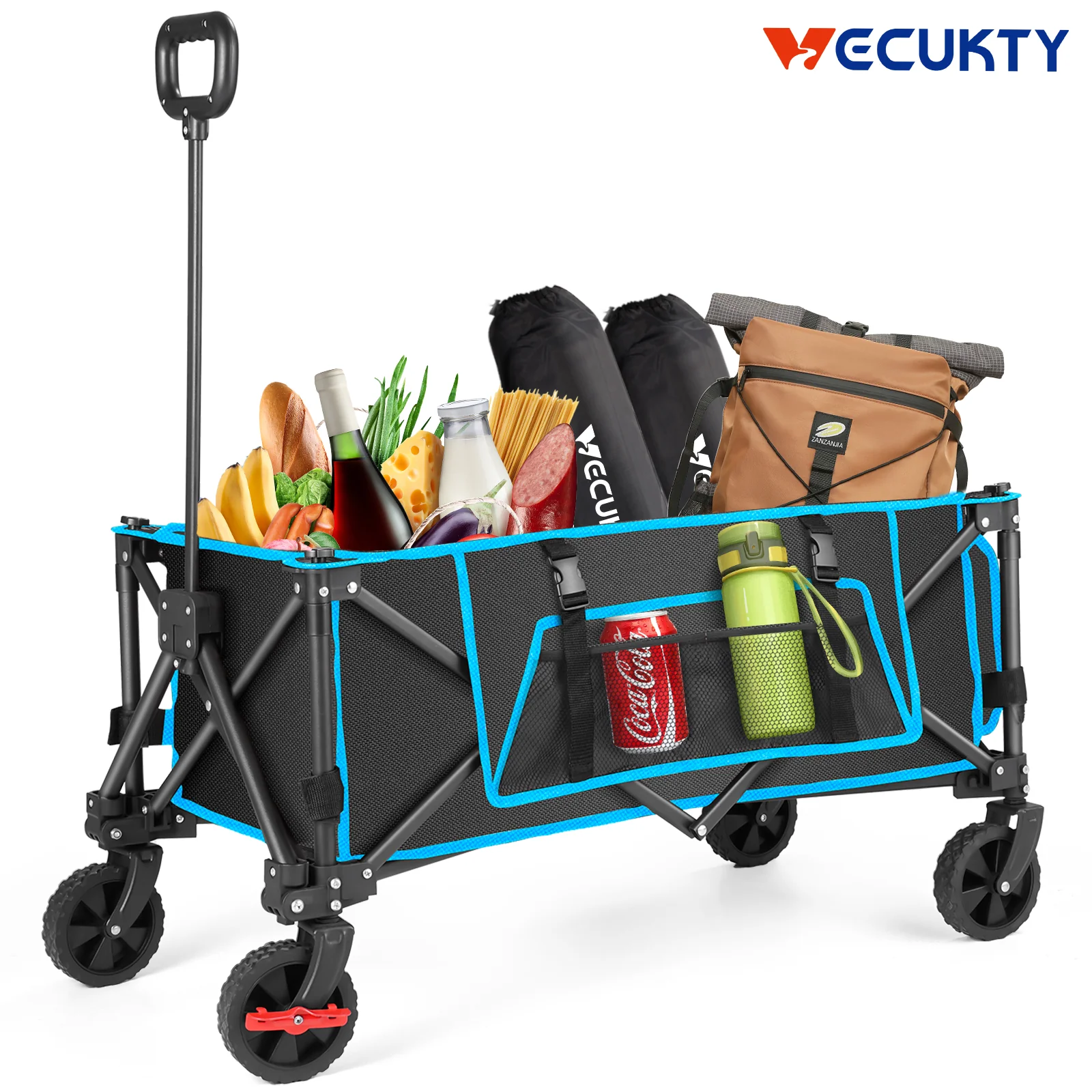 Environmentally Friendly Gathered Collapsible Camping Wagon Vecukty Portable Foldable Cart Heavy Duty Folding Utility Grocery Wagon with 150lbs for Shopping Sports Fishing Beach Garden Red Optimized