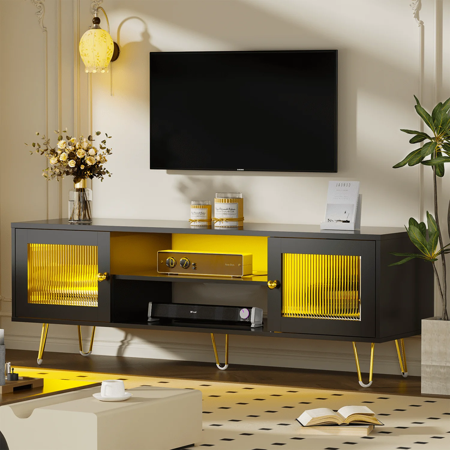 Effective Behost Modern TV Stand for 65 Inch TV with LED Light Power Outlets Entertainment Center TV Cabinets for Living Room Black Original Design