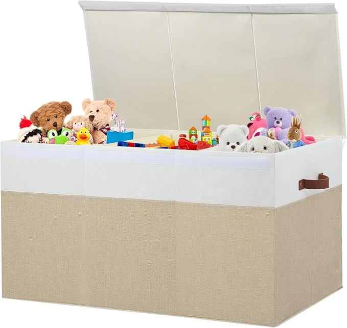 Relaxed Extra Large Toy Storage Box with Lid Sturdy Toys Storage Chest Bin Organizer Basket with Dividers for Kids Boys Girls Nursery Closet Bedroom Playroom 35.5 x17 x17 Beige and White About ThisOverview Superior