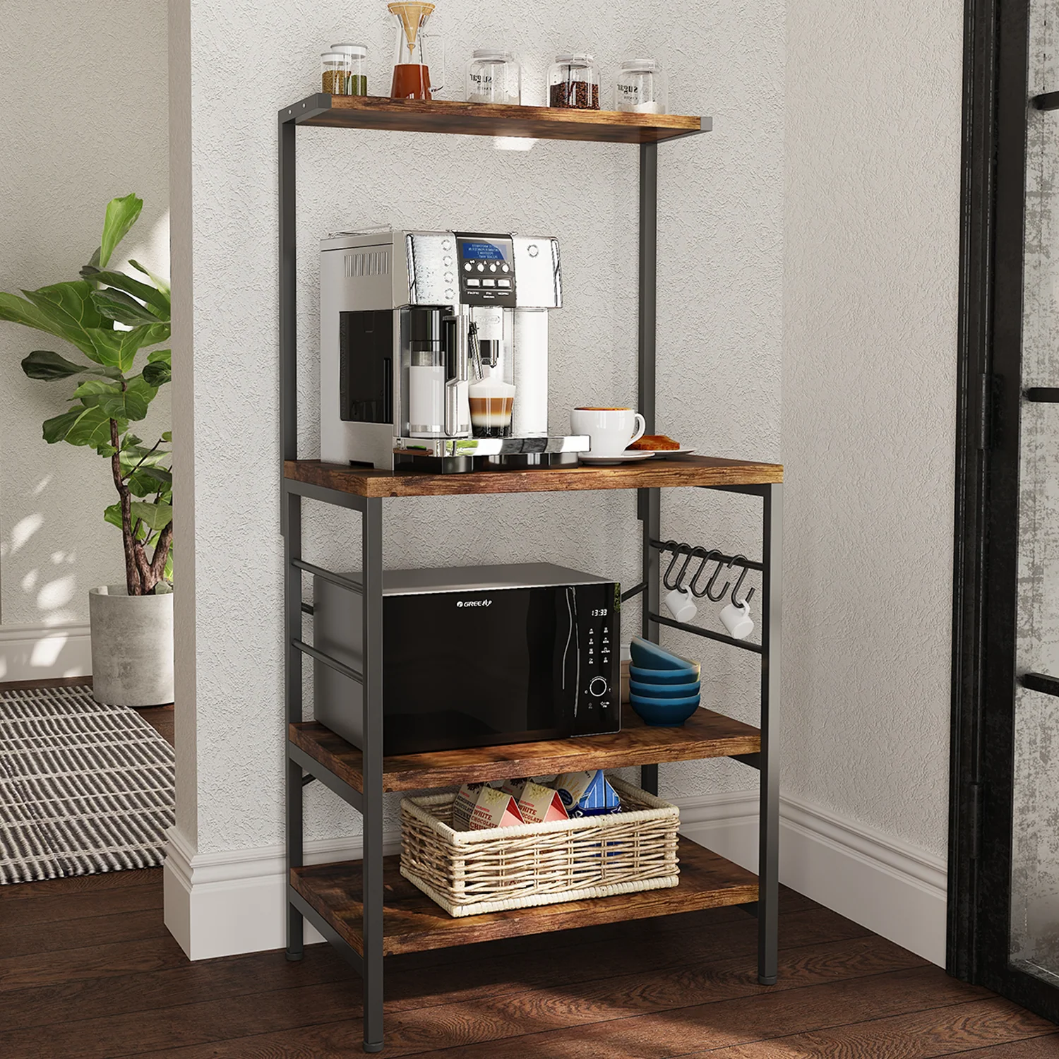 Powerful Monvane Kitchen Baker’s Rack Storage Shelf Microwave Cart Oven Stand Coffee Bar Rustic Brown Fashionable