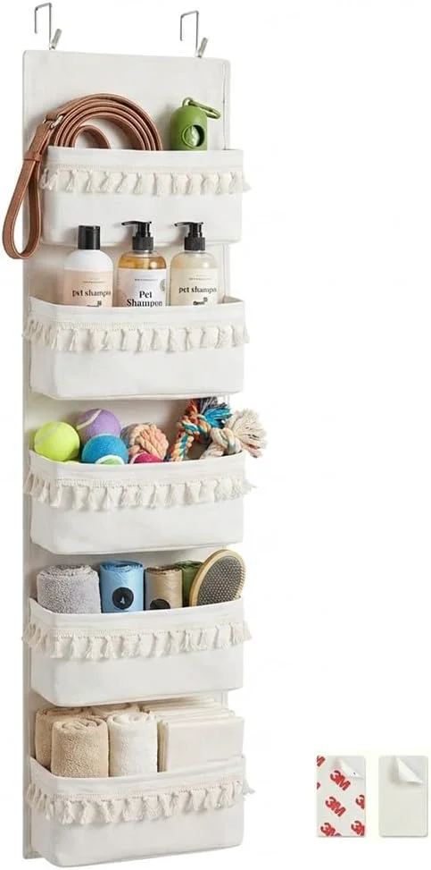 Expertly Made Over The Door Organizer 5-Tier Sturdy Canvas Hanging Storage for Pet Supplies Dog Walking Gear Heavy Duty Large Pockets for Leashes Treats Toys Multi-Use for Nursery Closet Beige About ThisOverview Casual