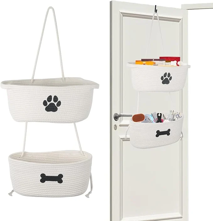 Reliable 2-Tier Dog Baskets Over Door Hanging Oganizer for Pet Stuff with Metal Hooks Cotton Rope Wall-Mounted Storage Organizer for Dog Leash Harness Small Toys Trash bag - BeigeAbout ThisOverview Expertly Made