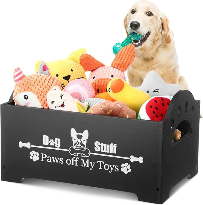 Lightweight Marsui Wooden Dog Toy Bin Basket with Handle Large Dog Stuff Storage Box Cute Pet Stuff Organizer for Chew Blankets Leashes Food Gift for Living Room Area Black 13.78 Inch About ThisOverview Elite