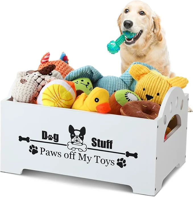Fast Marsui Wooden Dog Toy Bin Basket with Handle Large Dog Stuff Storage Box Cute Pet Stuff Organizer for Chew Blankets Leashes Food Gift for Living Room Area White 13.78 Inch About ThisOverview Practical