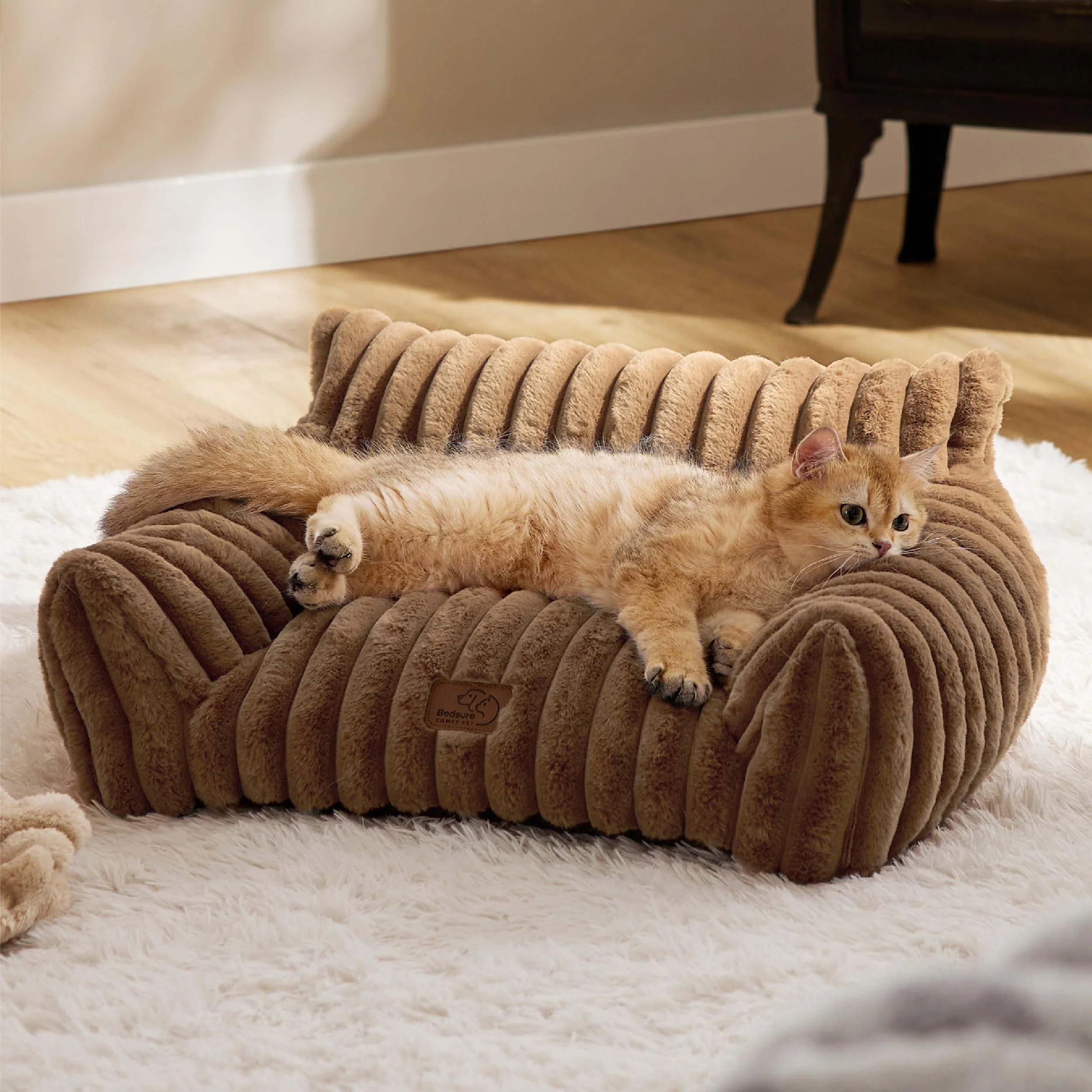 Enhanced Bedsure Cute Cat Couch for Pets – 24in Copper Brown Plush Cat Sofa with Removable Cover Original