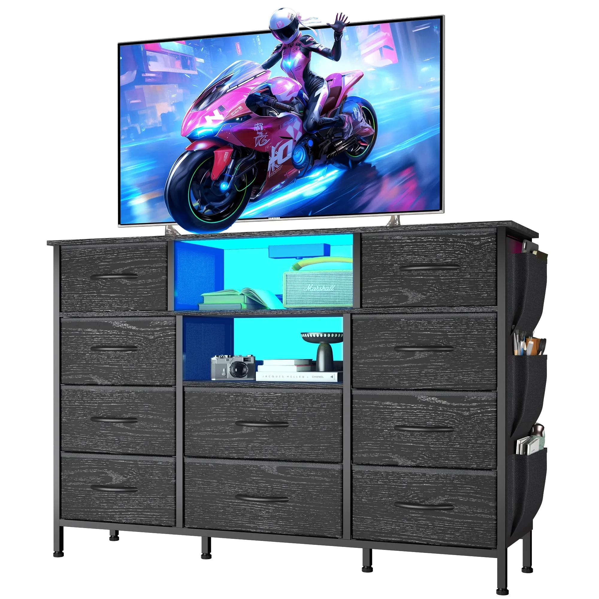 Comfortable Eunon Dresser TV Stand with 10 Drawers for 55 TV Stand with LED Lights Power Outlets Wide Dresser with Shelves Side Pockets for Bedroom Black Convenient