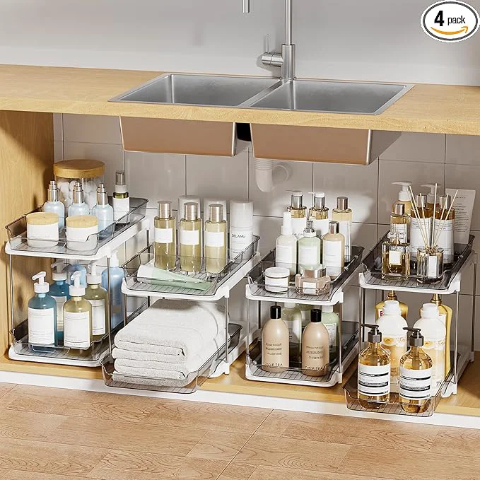 Enhanced Delamu 2-Tier Multi-Purpose Bathroom Under Sink Organizers and Storage Stackable Kitchen Pantry Organization Pull Out Medicine Cabinet Organizer with Movable Dividers Grey 4 PackAbout ThisOverview Consistent