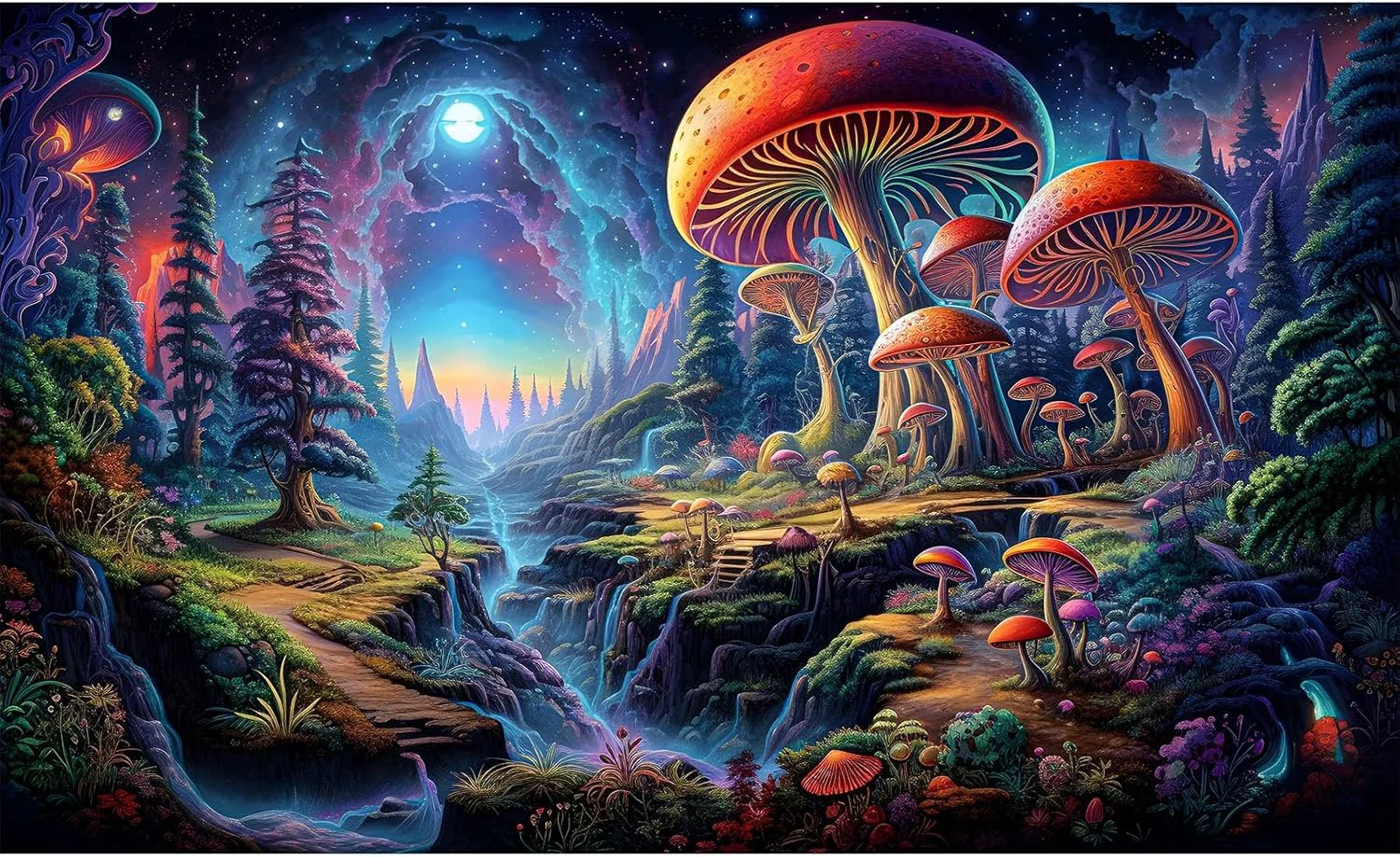 Green Forest Aquarium Background Cartoon Forest Landscape with Mushrooms and Flowers Terrarium Background Fantasy Pine Tree Mysterious Mushroom Theme Fish Tank Backdrop Poster Decor 36x24in Breathable