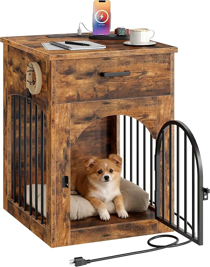 Exceptional Dog Crate Furniture Wooden Dog House with Charging Station and Storage Drawer Indoor Pet Crate End Table for Small Breeds for Living Room Bedroom Rustic Brown MGW01UFGAbout ThisOverview Crafted