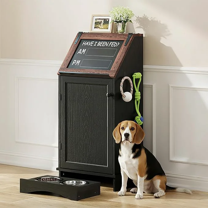 Fast Flip-Top Dog Feeding Station Dog Food Cabinet with Storage Dog Food Station with Hidden Feeding Bowls Pet Storage Cabinet Dog Storage Organizer Pet Food Holder Black Oak GrainAbout ThisOverview Breathable