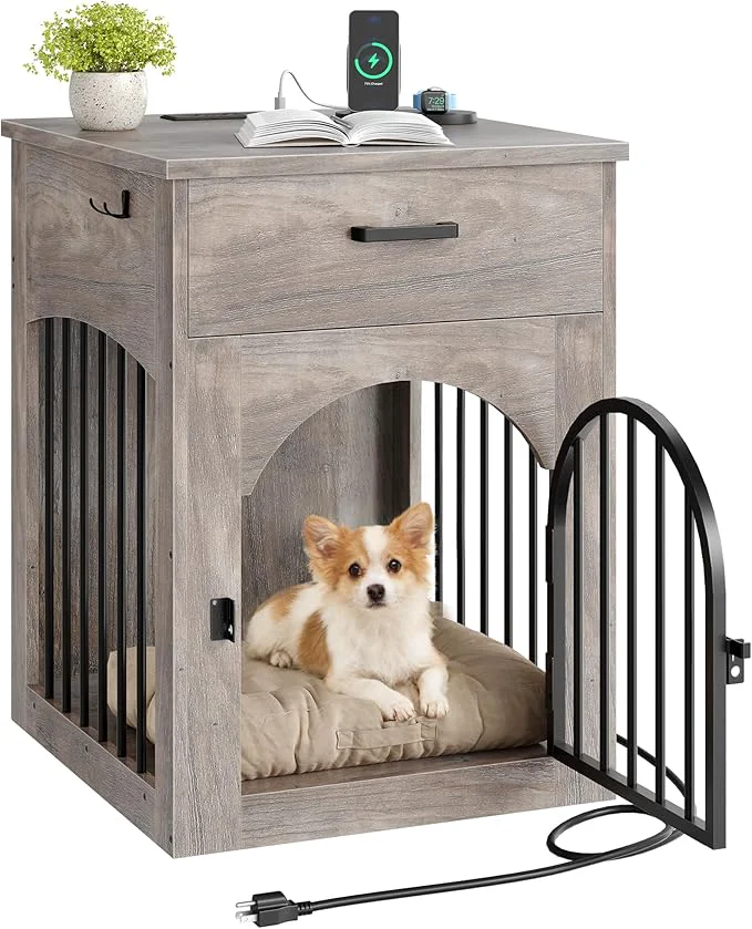Organic Dog Crate Furniture Wooden Dog House with Charging Station and Storage Drawer Indoor Pet Crate End Table for Small Breeds for Living Room Bedroom Greige MGW01UFHAbout ThisOverview Reusable