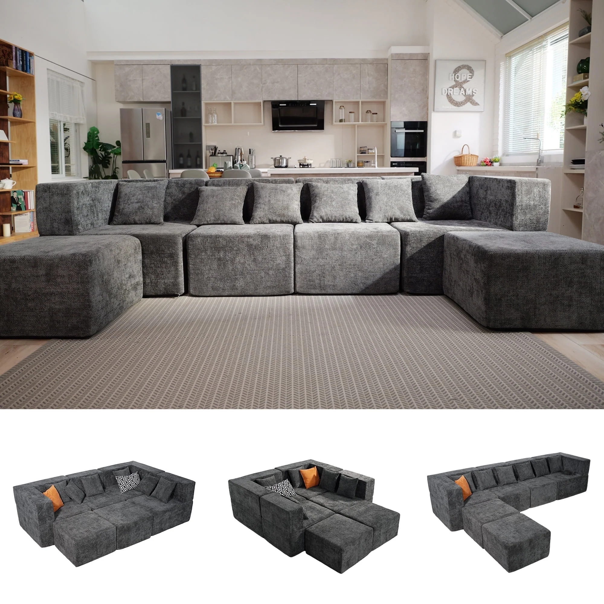Solid 130 Oversied Modular Sectional Sofa Set Convertible U Shaped Cloud Couch with Ottoman and 6 Pillows Gray Professional