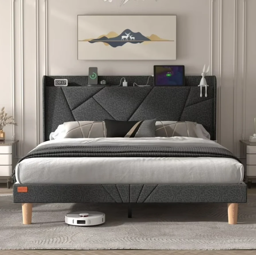 Healthy Queen Size Bed Frame with Storage Headboard LED Lights and Built-in Charging Station Modern Upholstered Platform Bed with Shelves No Box Spring Needed – Dark Gray Natural