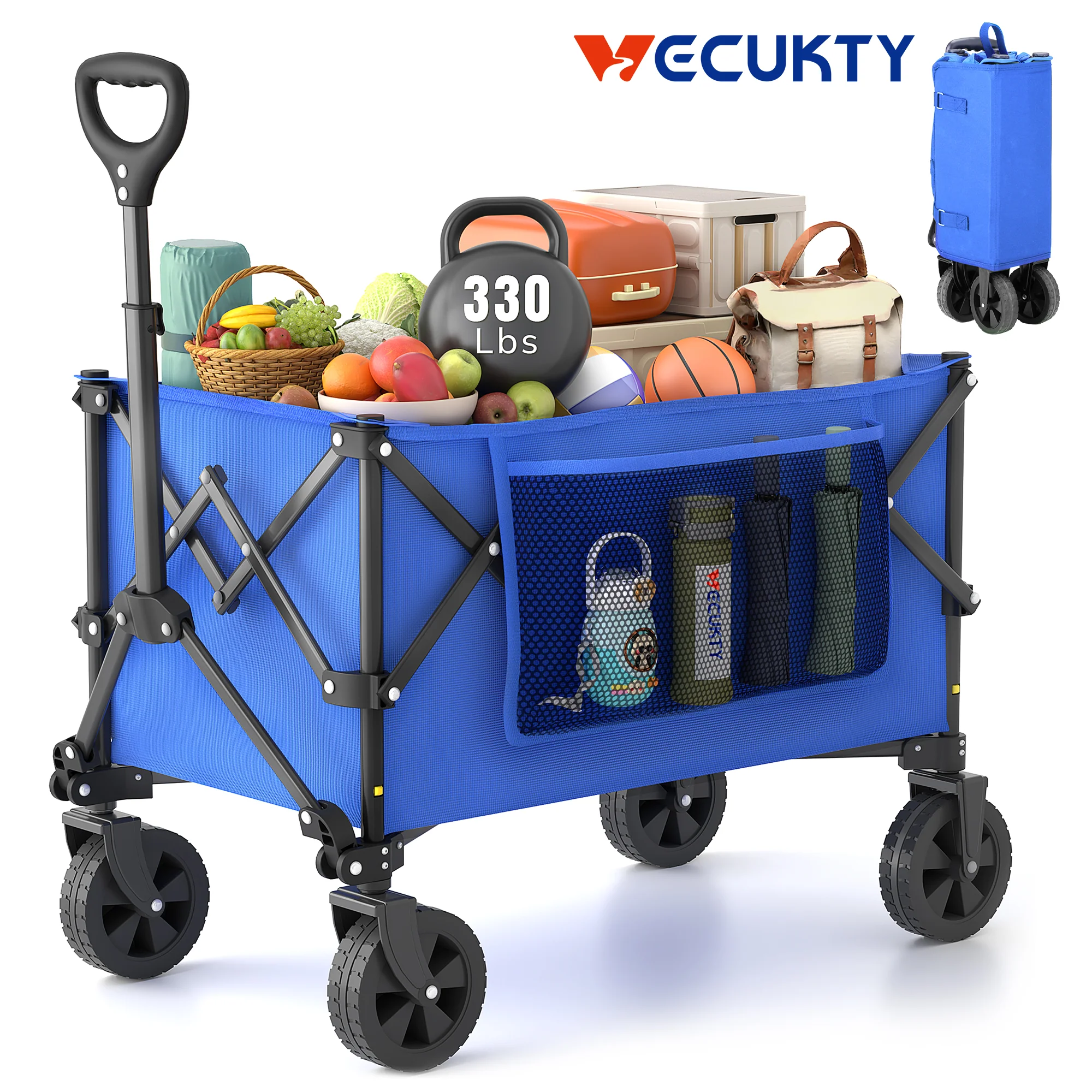 High-Performance Vecukty Compact Wagon Cart Gathered Collapsible Camping Cart Portable Utility Grocery Wagon for Camping Beach Picnic Shopping Blue Dependable