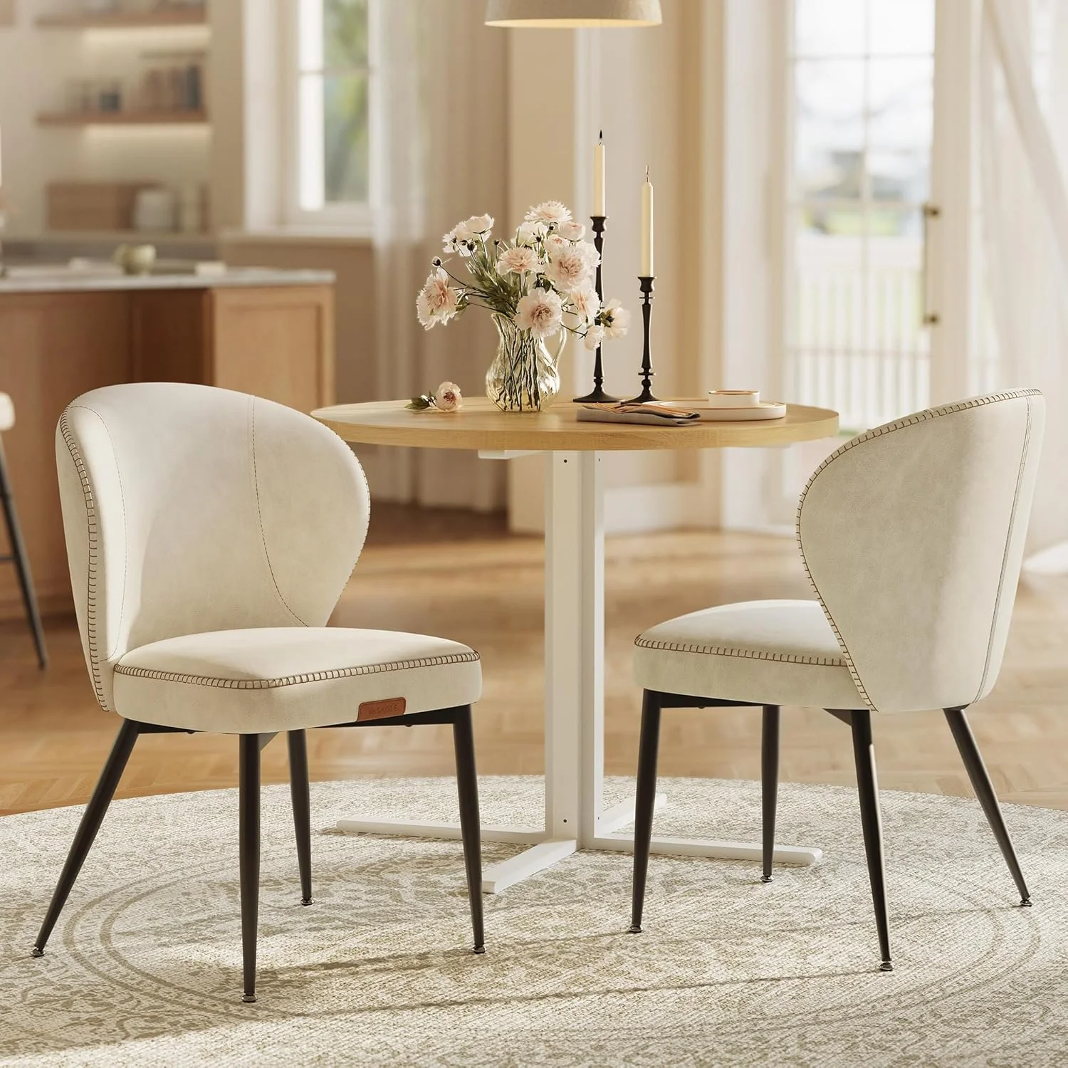 Efficient Set of 2 PU Leather Dining Chairs with Fan-Shaped Back Modern Upholstered Kitchen Chairs with Padded Seat and Metal Legs – Brown Artisan