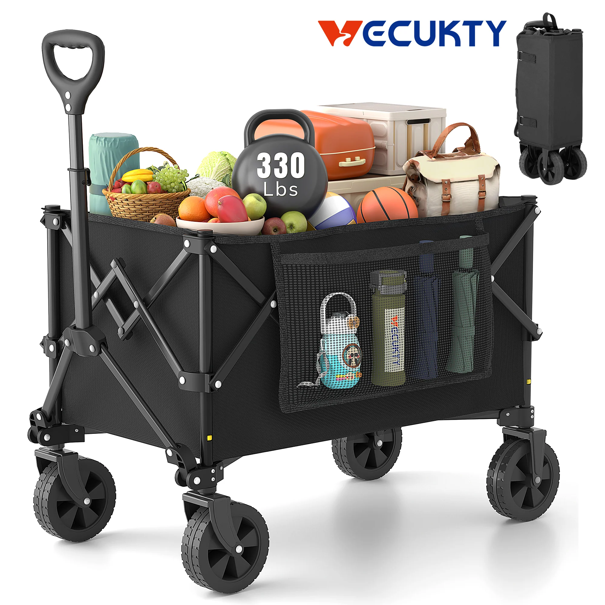 Pure Vecukty Compact Wagon Cart Gathered Collapsible Camping Cart Portable Utility Grocery Wagon for Camping Beach Picnic Shopping Black Excellent