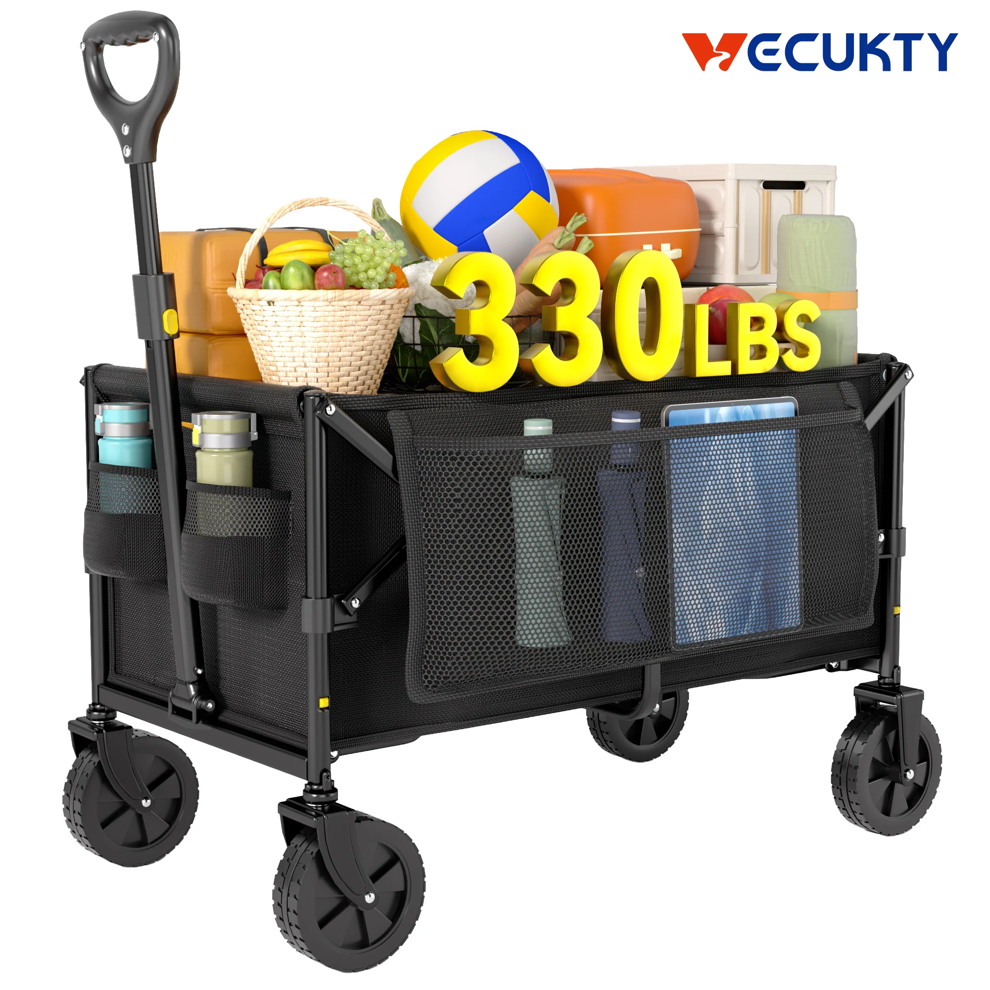 Long-Lasting Vecukty Collapsible Wagon Cart Portable Multifunctional Camping Cart for Camping Beach Picnic Shopping Black Responsible