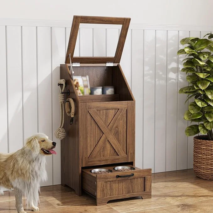 Refined Dog Feeding Station with Storage Cabinet and 2 d Dog Bowls Hidden Pet Food Storage Organizer for Dog Cat Modern Dogs Furniture WalnutAbout ThisOverview Luxury