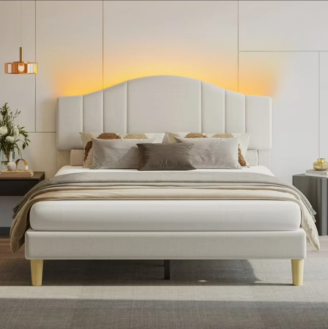 Trendy Queen Size Bed Frame with Curved LED Headboard and Built-in Outlets Modern Upholstered Platform Bed with Storage-Friendly Design No Box Spring Needed – Black Powerful