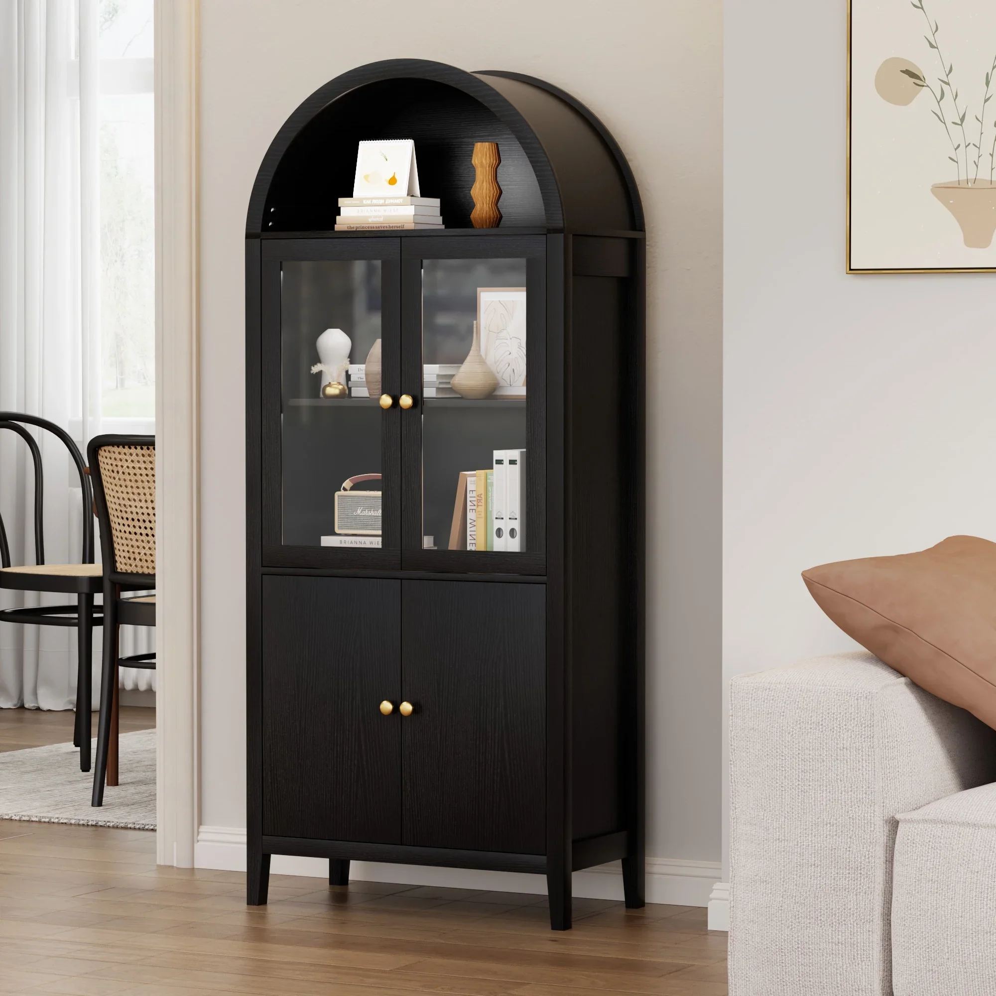 Unique Eunon Tall Arched Pantry Storage Display Cabinet Arched Storage Cabinet With Doors Black Oak Exceptional