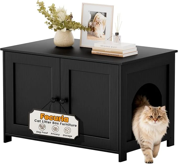 High-End Cat Litter Box Enclosure Furniture Dog Proof Hidden Kitty Washroom Cabinet Low Entry Wooden Cat Boxes Enclosure Odor Control for Home Farmhouse Style Decorative TV Stand with Storage BlackAbout ThisOverview Flexible
